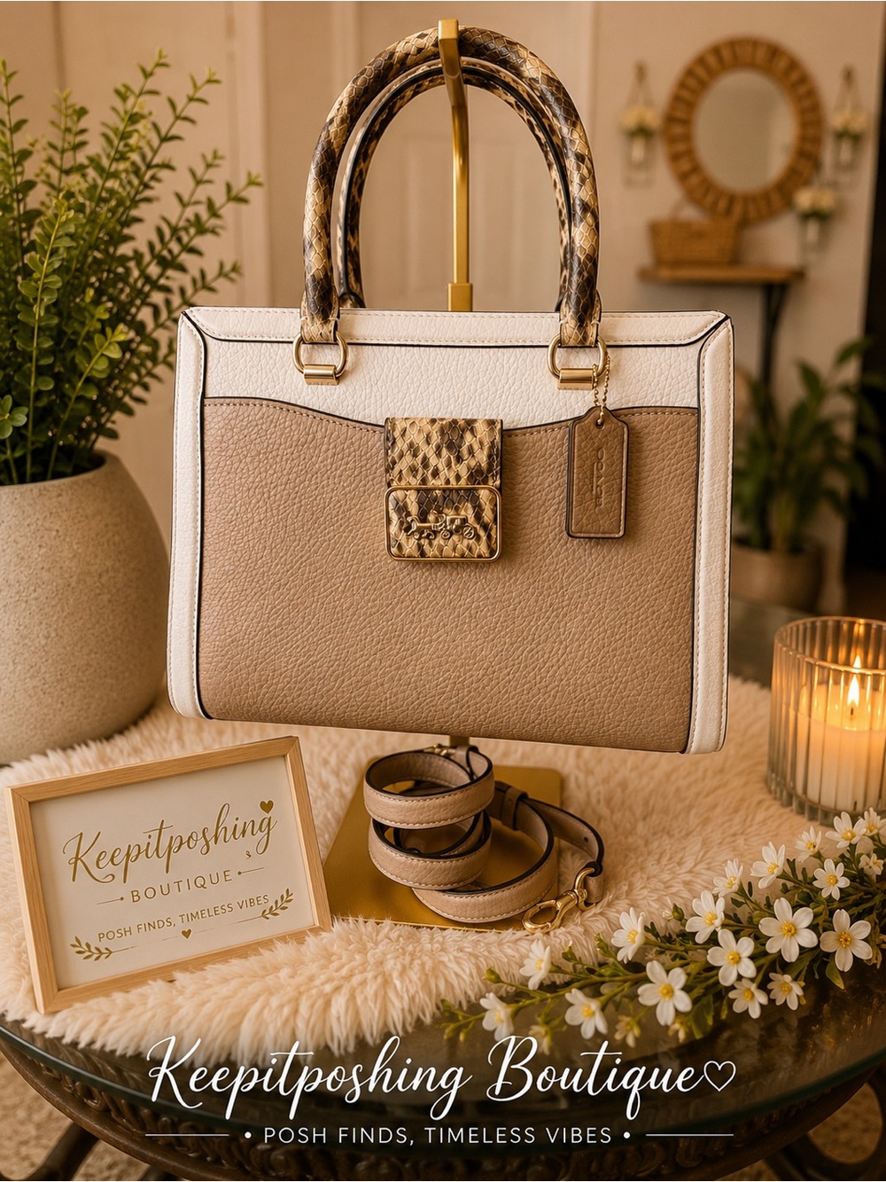 Coach Beige, White & Snake-Print Satchel with strap